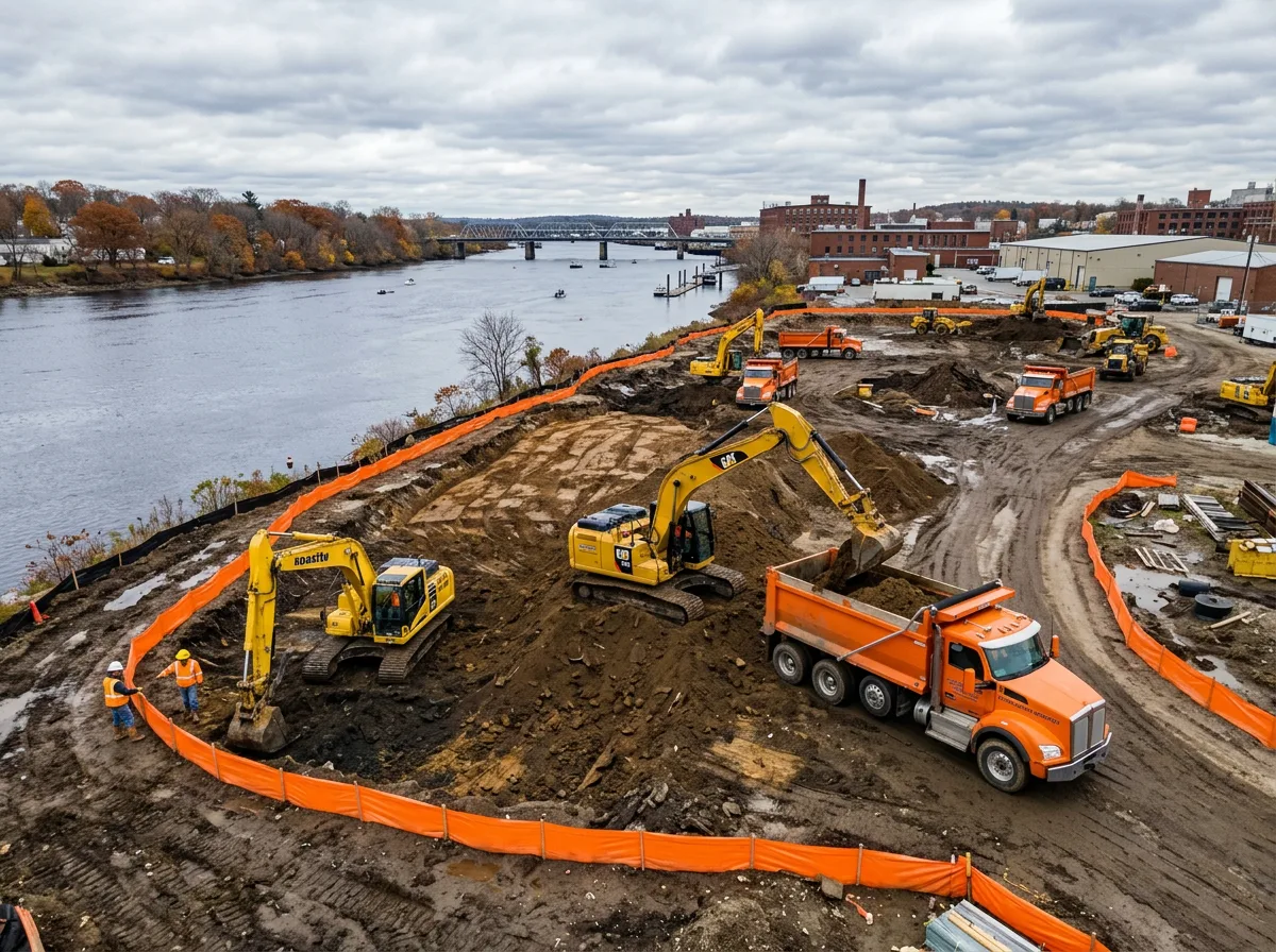 Illustrative scene of environmental remediation and site clearing on a former industrial riverfront property