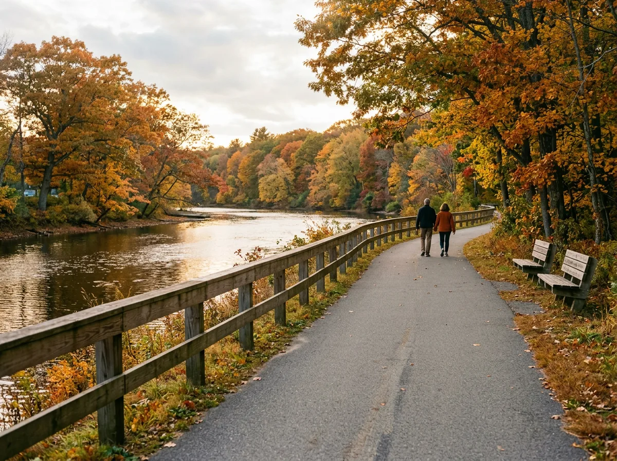 Illustrative image of a public riverwalk path with benches and trees along a New England river in early autumn
