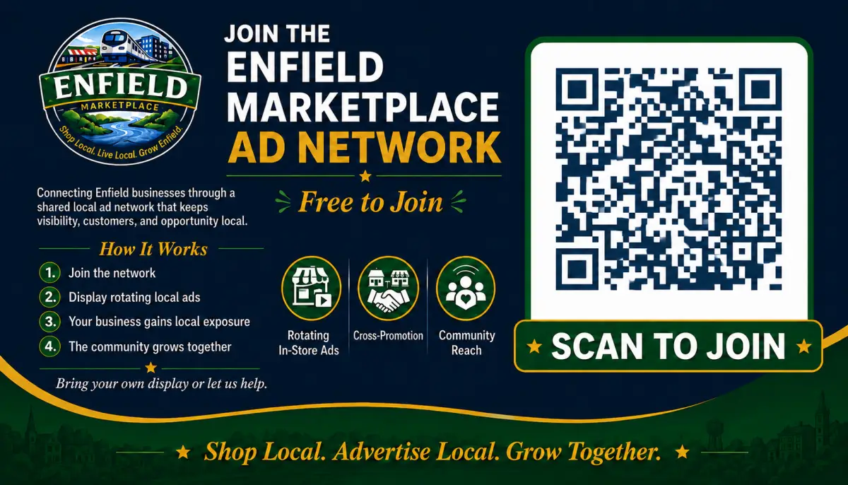 Join the Enfield Marketplace Ad Network — free to join. Scan to join or complete the business sign-up form.